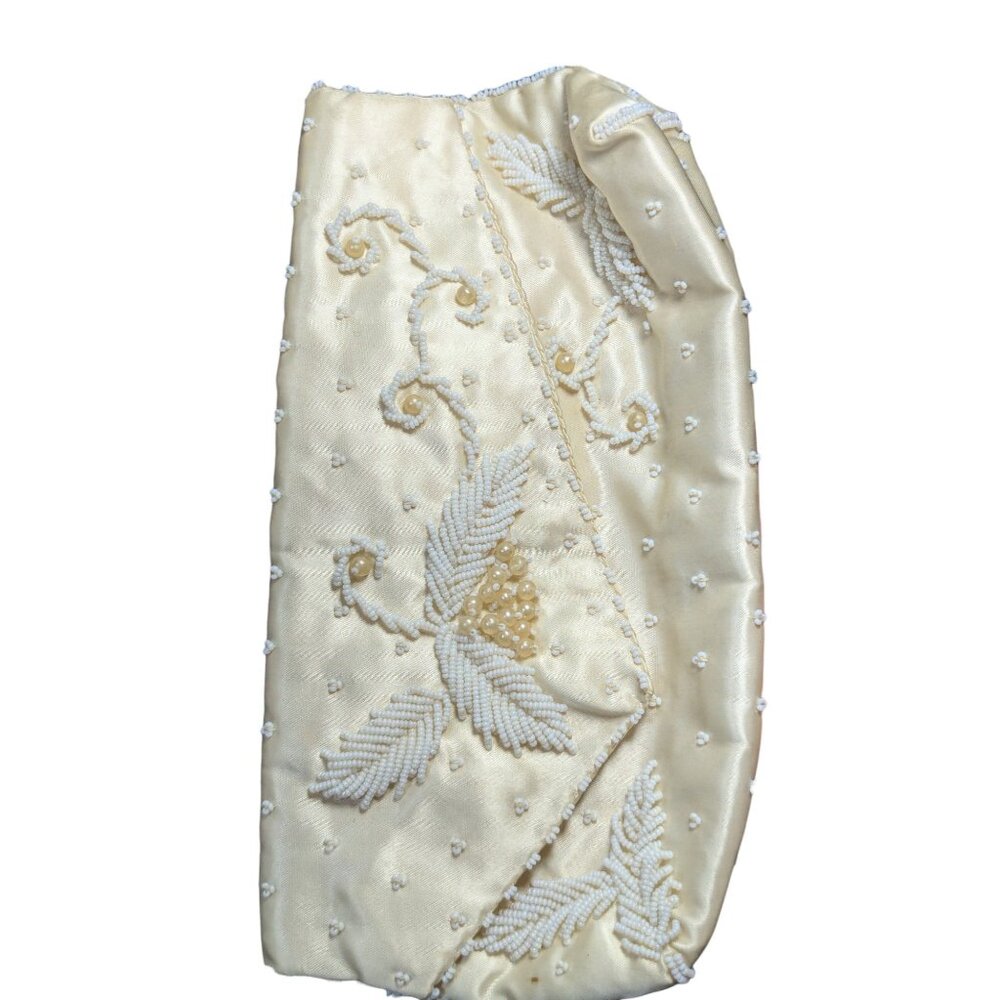 Handmade Satin Beaded Clutch Purse With Floral Design & Pearls - Vintage Hong Ko
